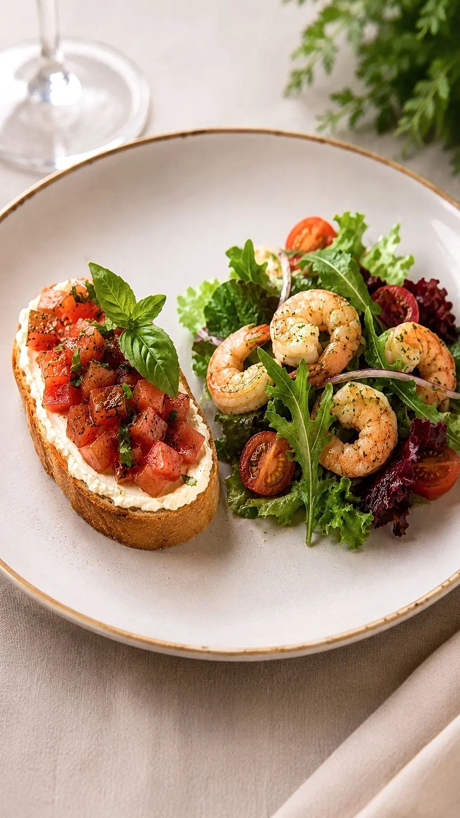 Bruschetta de Cream Cheese com Tomate e Manjericão & Salada Fria de Camarão e Folhas Frescas